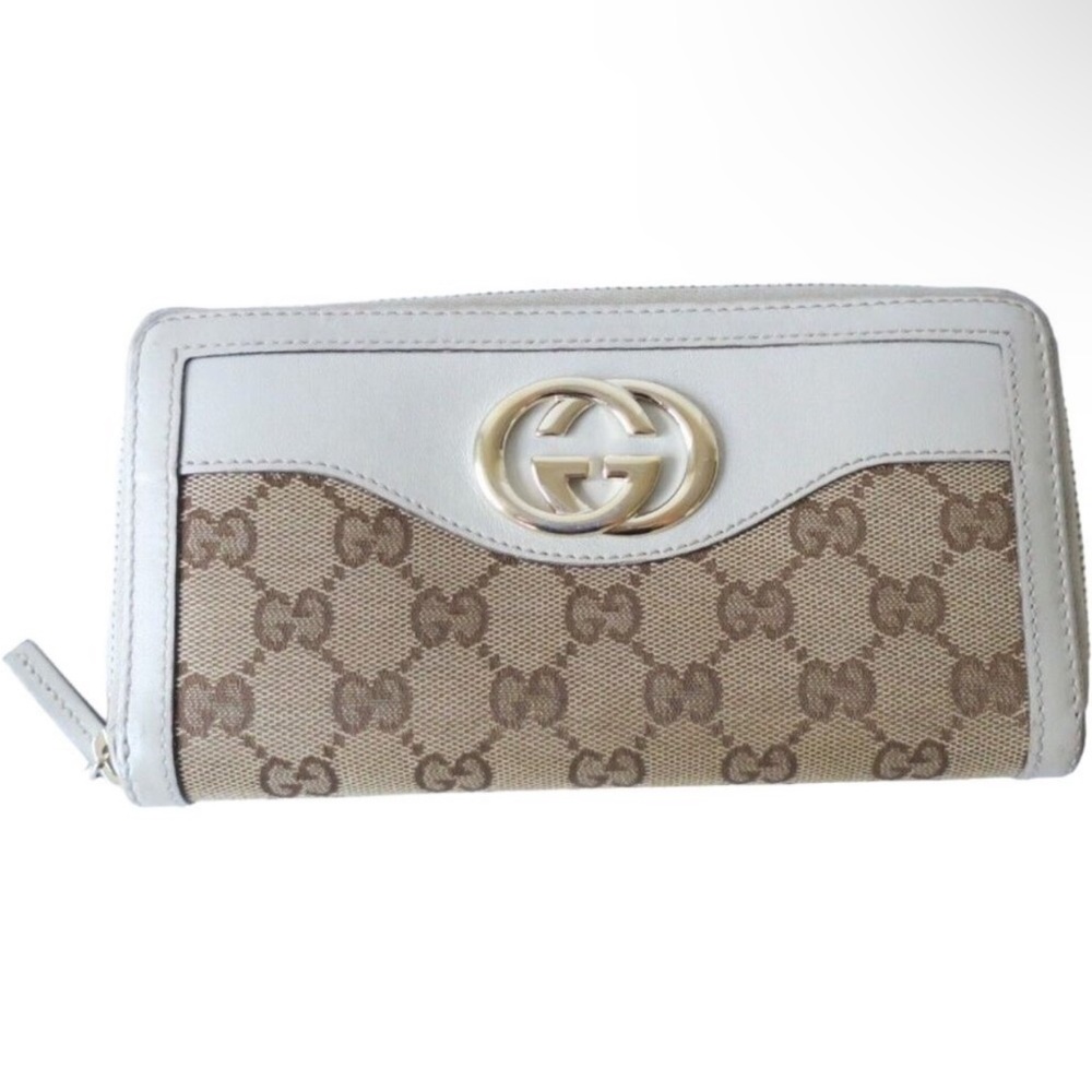 AUTHENTIC GUCCI LONG ZIP WHITE LEATHER/BROWN MONOGRAM CANVAS WALLET
